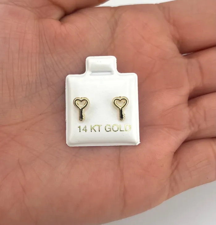 AB and J Earrings 14K Gold Womens Heart Key Earrings