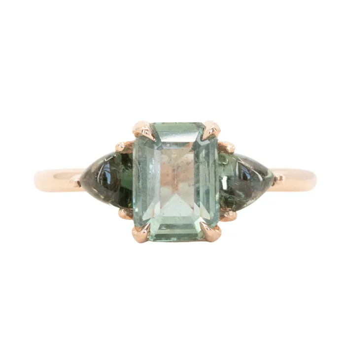 Anueva Jewelry 107ct Grey Sapphire and Green Tourmaline Three Stone Ring in 14k Rose Gold Rings Anueva Jewelry 107ct Grey Sapphire and Green Tourmaline Three Stone Ring in 14k Rose Gold Rings