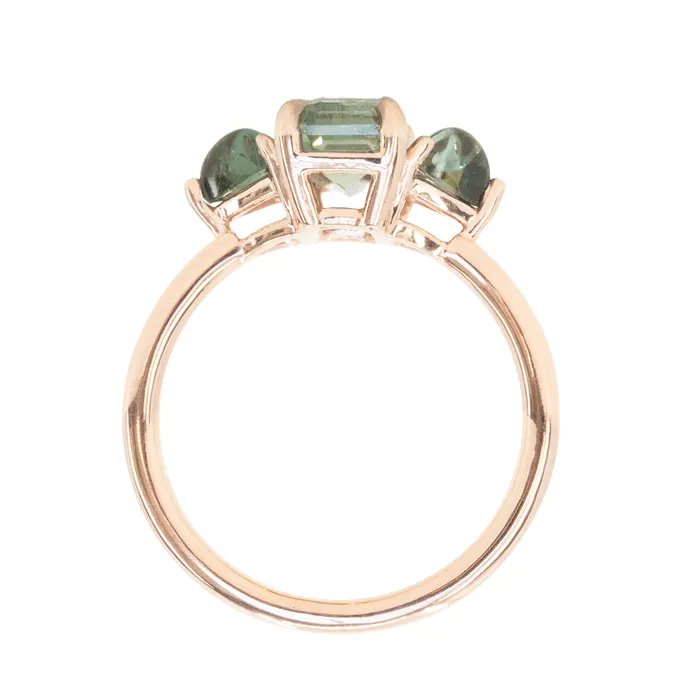 Anueva Jewelry 107ct Grey Sapphire and Green Tourmaline Three Stone Ring in 14k Rose Gold Rings