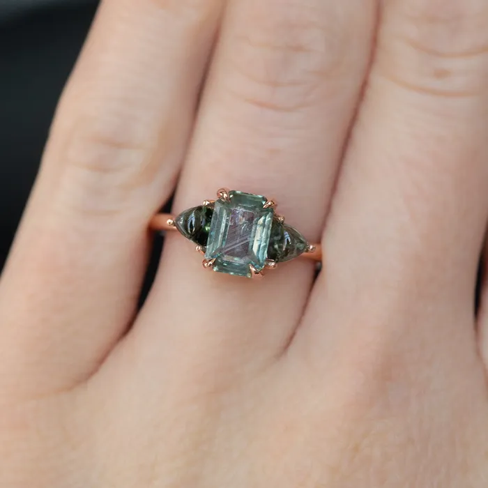 Anueva Jewelry 107ct Grey Sapphire and Green Tourmaline Three Stone Ring in 14k Rose Gold Rings