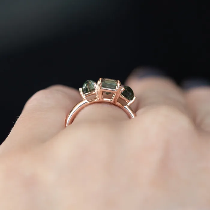 Anueva Jewelry 107ct Grey Sapphire and Green Tourmaline Three Stone Ring in 14k Rose Gold Rings