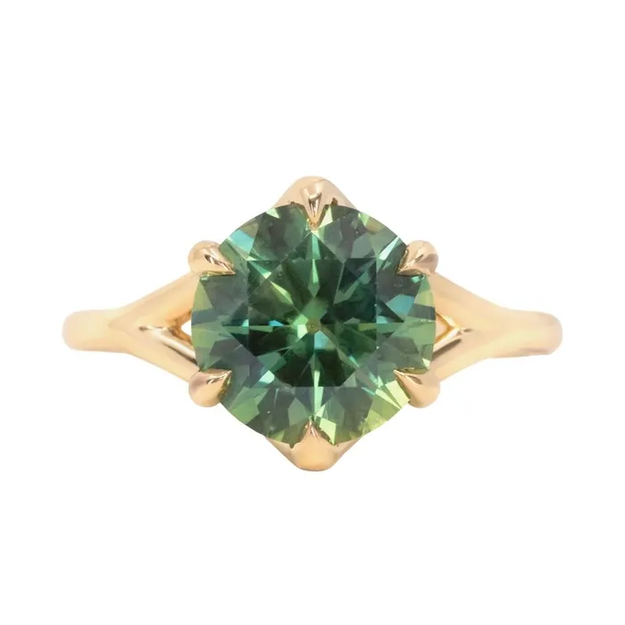 Anueva Jewelry PreStyled Sets 350ct Untreated Nigerian Teal Green Sapphire Six Prong Split Shank Solitaire in 18k Yellow Gold Anueva Jewelry PreStyled Sets 350ct Untreated Nigerian Teal Green Sapphire Six Prong Split Shank Solitaire in 18k Yellow Gold