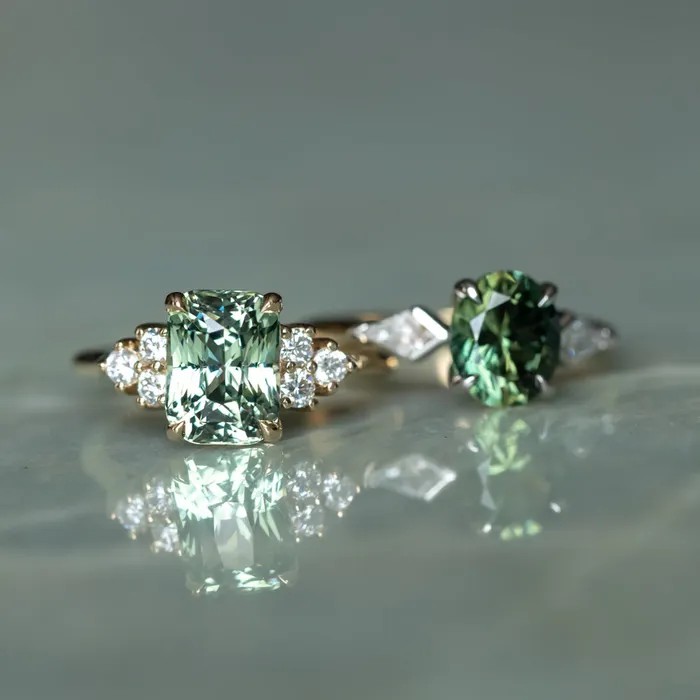 Anueva Jewelry Rings 353ct Blue Green Untreated Radiant Cut Sapphire and Diamond Cluster Ring in 14k Yellow Gold