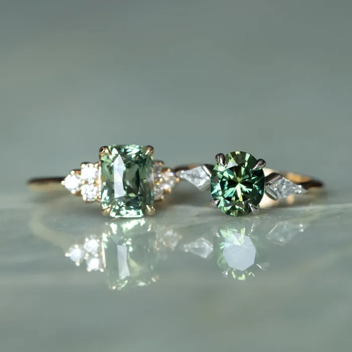 Anueva Jewelry Rings 353ct Blue Green Untreated Radiant Cut Sapphire and Diamond Cluster Ring in 14k Yellow Gold