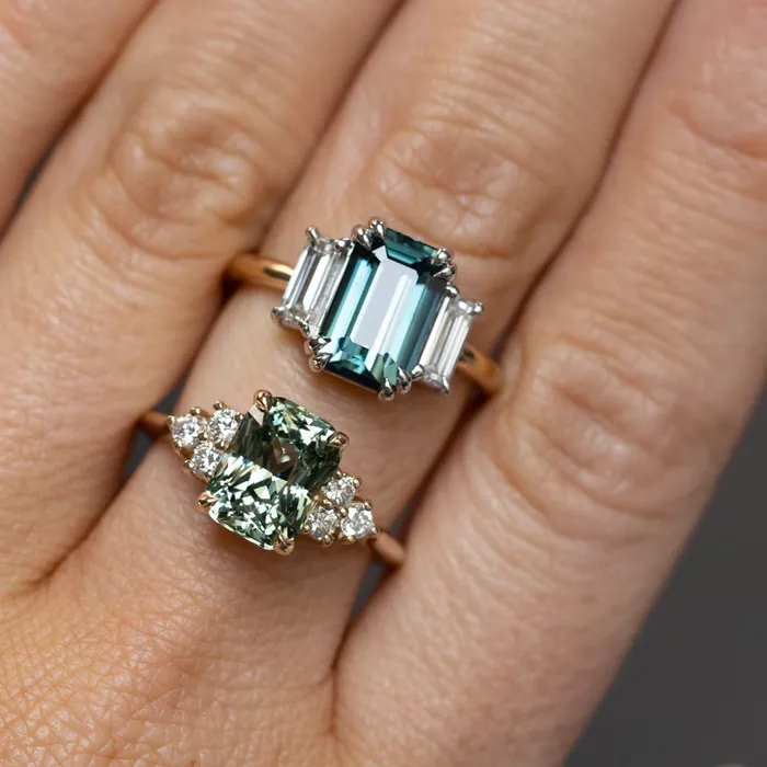 Anueva Jewelry Rings 353ct Blue Green Untreated Radiant Cut Sapphire and Diamond Cluster Ring in 14k Yellow Gold