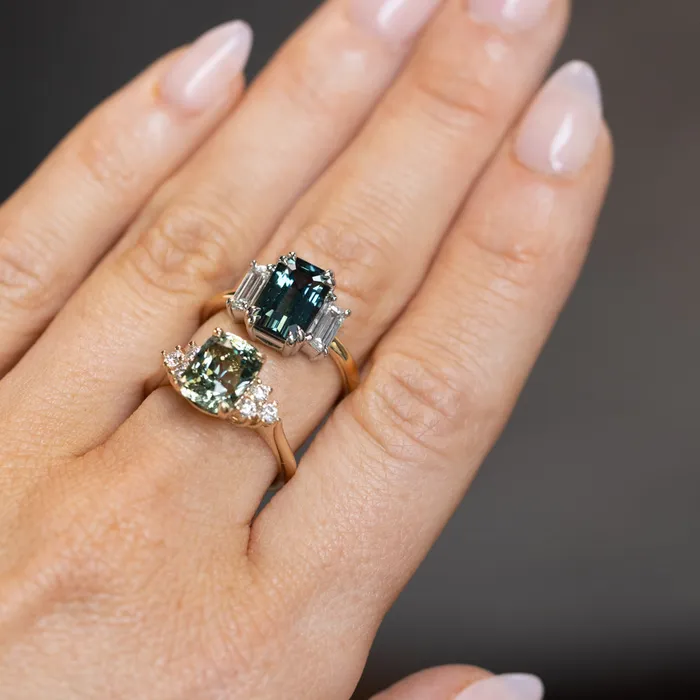 Anueva Jewelry Rings 353ct Blue Green Untreated Radiant Cut Sapphire and Diamond Cluster Ring in 14k Yellow Gold