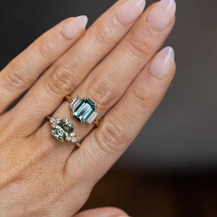 Anueva Jewelry Rings 353ct Blue Green Untreated Radiant Cut Sapphire and Diamond Cluster Ring in 14k Yellow Gold