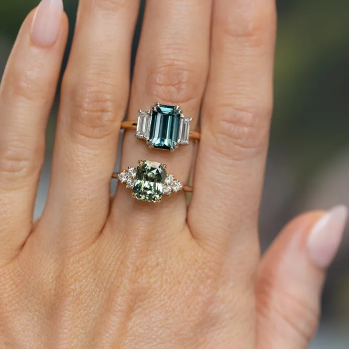 Anueva Jewelry Rings 353ct Blue Green Untreated Radiant Cut Sapphire and Diamond Cluster Ring in 14k Yellow Gold