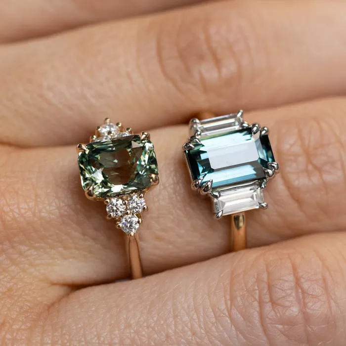Anueva Jewelry Rings 353ct Blue Green Untreated Radiant Cut Sapphire and Diamond Cluster Ring in 14k Yellow Gold