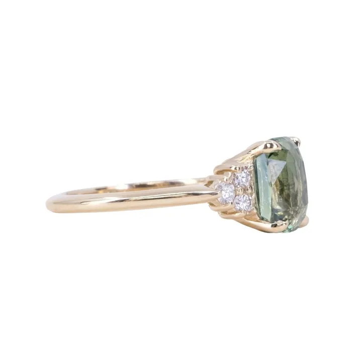Anueva Jewelry Rings 353ct Blue Green Untreated Radiant Cut Sapphire and Diamond Cluster Ring in 14k Yellow Gold