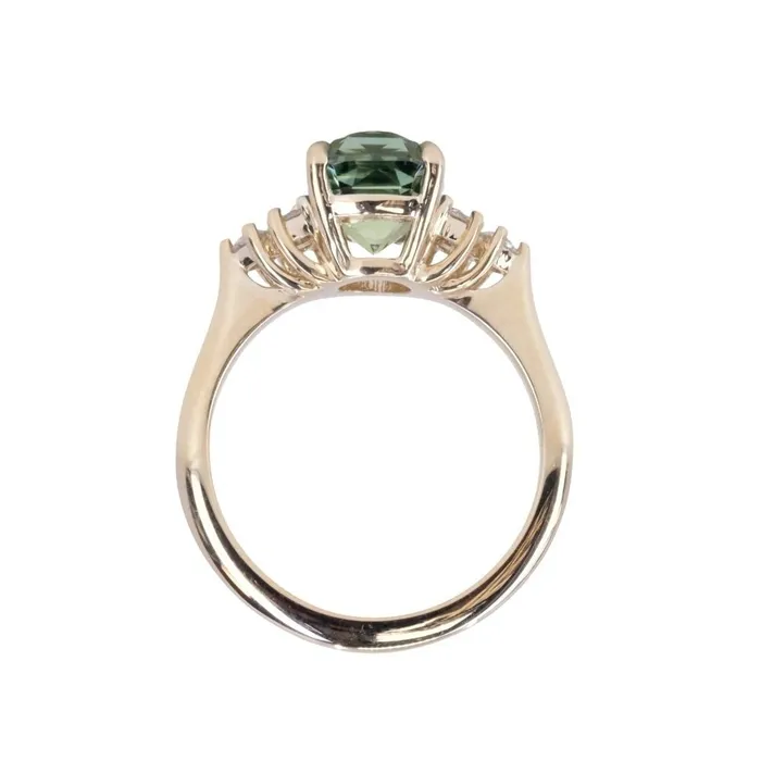 Anueva Jewelry Rings 353ct Blue Green Untreated Radiant Cut Sapphire and Diamond Cluster Ring in 14k Yellow Gold