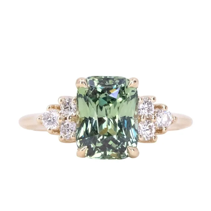 Anueva Jewelry Rings 353ct Blue Green Untreated Radiant Cut Sapphire and Diamond Cluster Ring in 14k Yellow Gold