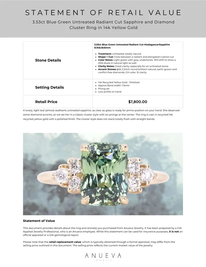 Anueva Jewelry Rings 353ct Blue Green Untreated Radiant Cut Sapphire and Diamond Cluster Ring in 14k Yellow Gold