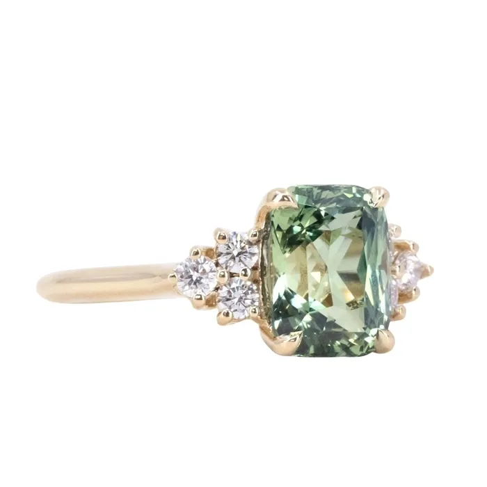 Anueva Jewelry Rings 353ct Blue Green Untreated Radiant Cut Sapphire and Diamond Cluster Ring in 14k Yellow Gold