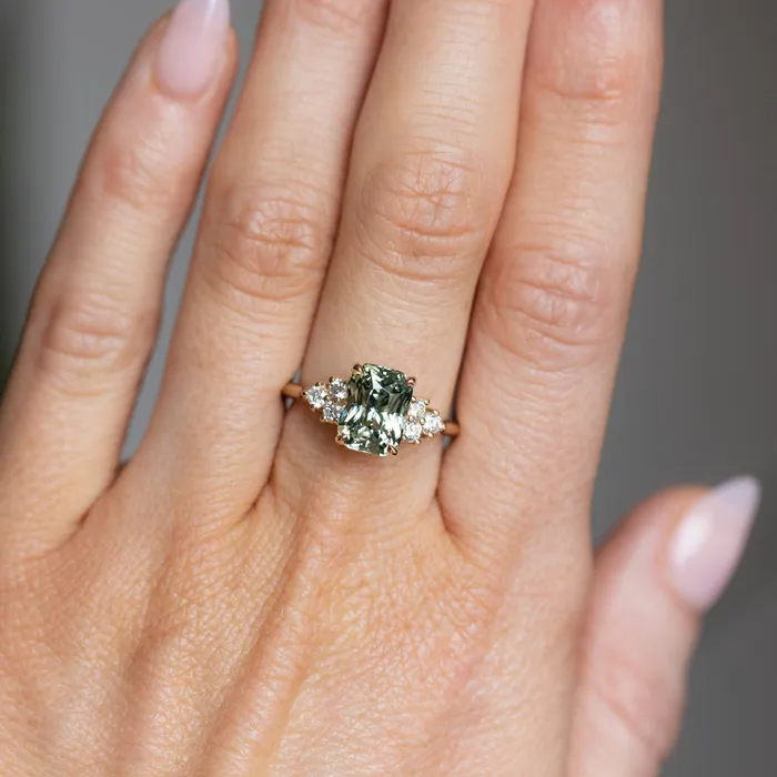 Anueva Jewelry Rings 353ct Blue Green Untreated Radiant Cut Sapphire and Diamond Cluster Ring in 14k Yellow Gold
