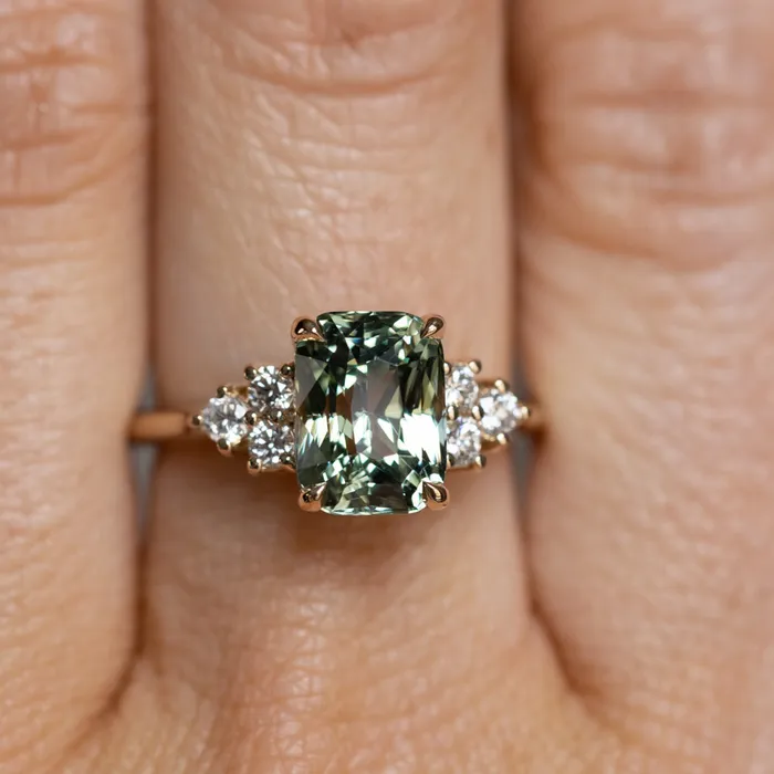Anueva Jewelry Rings 353ct Blue Green Untreated Radiant Cut Sapphire and Diamond Cluster Ring in 14k Yellow Gold