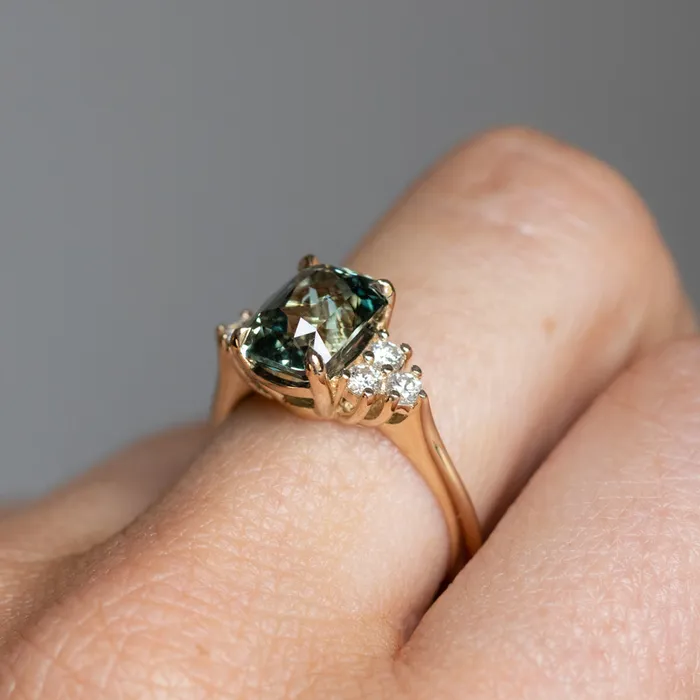 Anueva Jewelry Rings 353ct Blue Green Untreated Radiant Cut Sapphire and Diamond Cluster Ring in 14k Yellow Gold