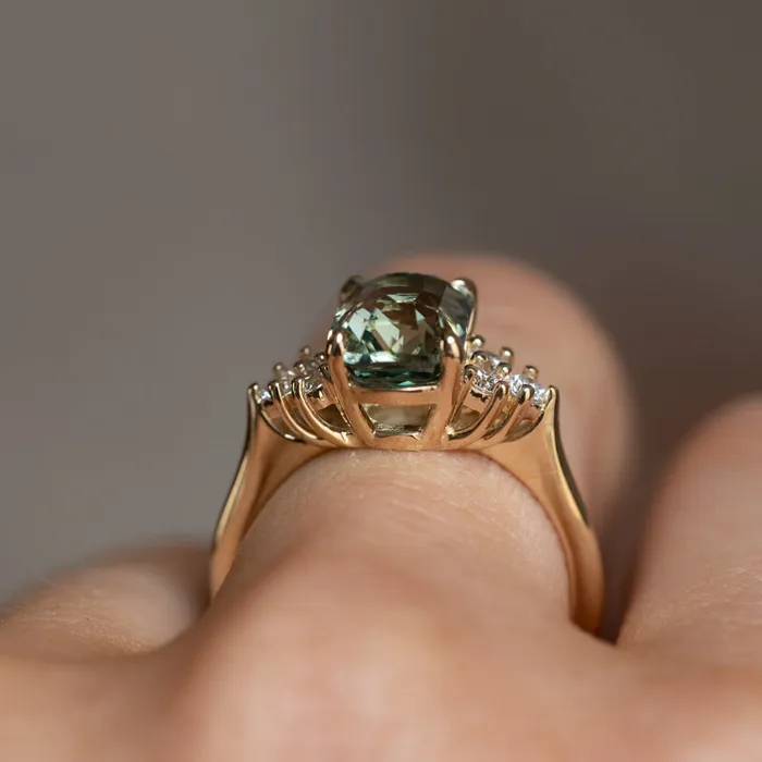 Anueva Jewelry Rings 353ct Blue Green Untreated Radiant Cut Sapphire and Diamond Cluster Ring in 14k Yellow Gold