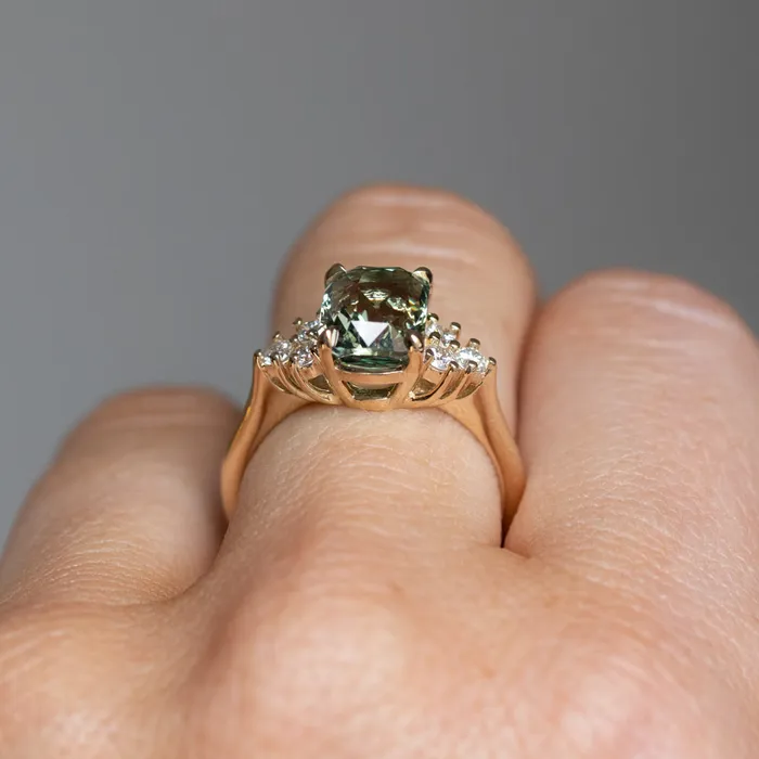 Anueva Jewelry Rings 353ct Blue Green Untreated Radiant Cut Sapphire and Diamond Cluster Ring in 14k Yellow Gold