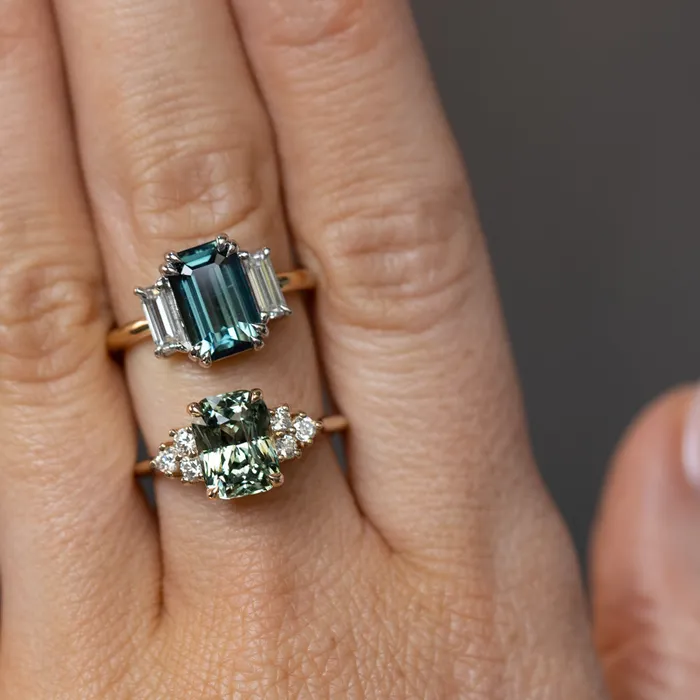 Anueva Jewelry Rings 353ct Blue Green Untreated Radiant Cut Sapphire and Diamond Cluster Ring in 14k Yellow Gold