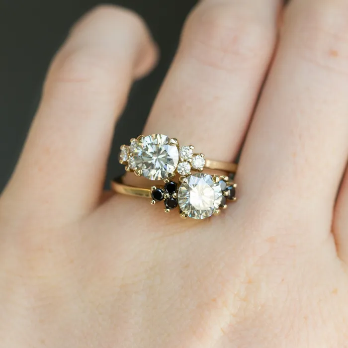 Anueva Jewelry Rings Grey Moissanite and Black Diamond Side Stone Cluster Ring