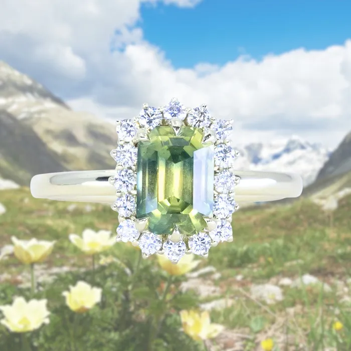 Brume 198ct Untreated Emerald Cut Parti Nigerian Sapphire AntiqueStyle Diamond Halo Ring in 14k Green Gold Rings Brume 198ct Untreated Emerald Cut Parti Nigerian Sapphire AntiqueStyle Diamond Halo Ring in 14k Green Gold Rings