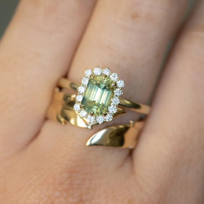 Brume 198ct Untreated Emerald Cut Parti Nigerian Sapphire AntiqueStyle Diamond Halo Ring in 14k Green Gold Rings
