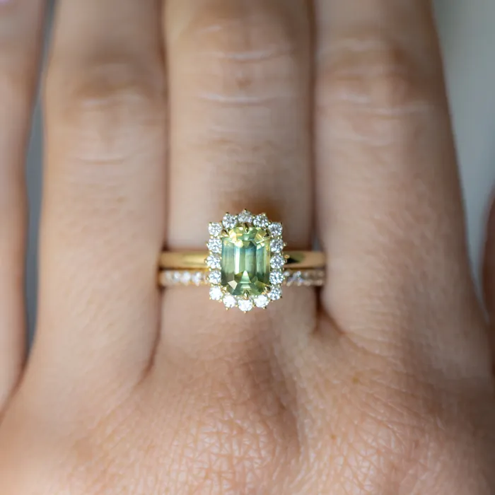 Brume 198ct Untreated Emerald Cut Parti Nigerian Sapphire AntiqueStyle Diamond Halo Ring in 14k Green Gold Rings