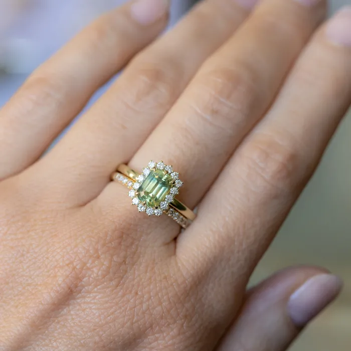 Brume 198ct Untreated Emerald Cut Parti Nigerian Sapphire AntiqueStyle Diamond Halo Ring in 14k Green Gold Rings