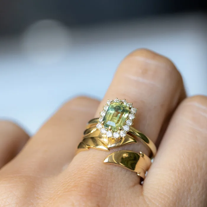 Brume 198ct Untreated Emerald Cut Parti Nigerian Sapphire AntiqueStyle Diamond Halo Ring in 14k Green Gold Rings
