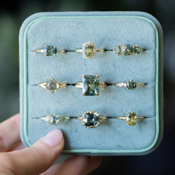 Brume 198ct Untreated Emerald Cut Parti Nigerian Sapphire AntiqueStyle Diamond Halo Ring in 14k Green Gold Rings