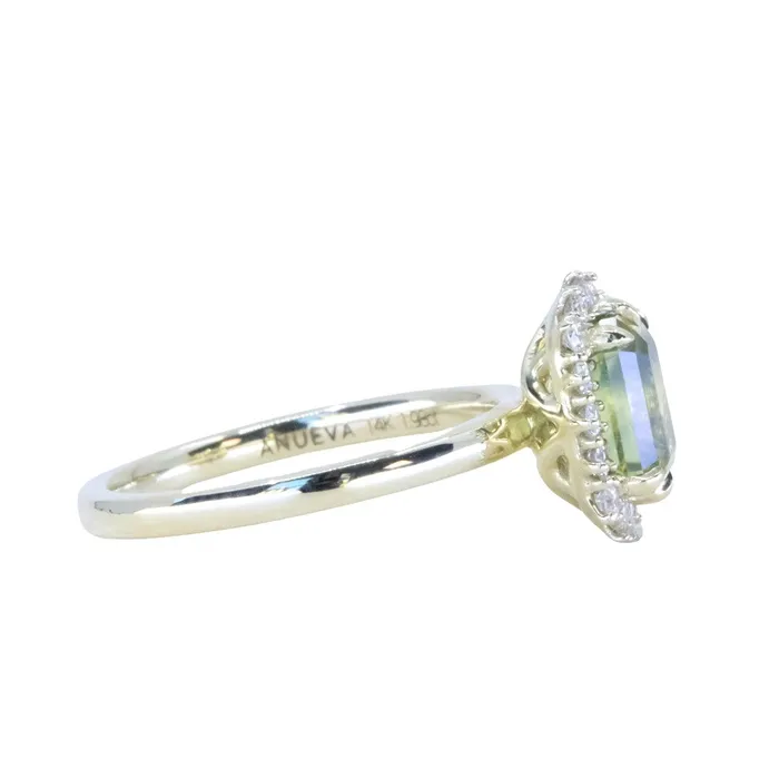 Brume 198ct Untreated Emerald Cut Parti Nigerian Sapphire AntiqueStyle Diamond Halo Ring in 14k Green Gold Rings