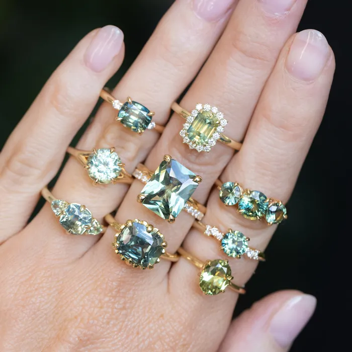 Brume 198ct Untreated Emerald Cut Parti Nigerian Sapphire AntiqueStyle Diamond Halo Ring in 14k Green Gold Rings