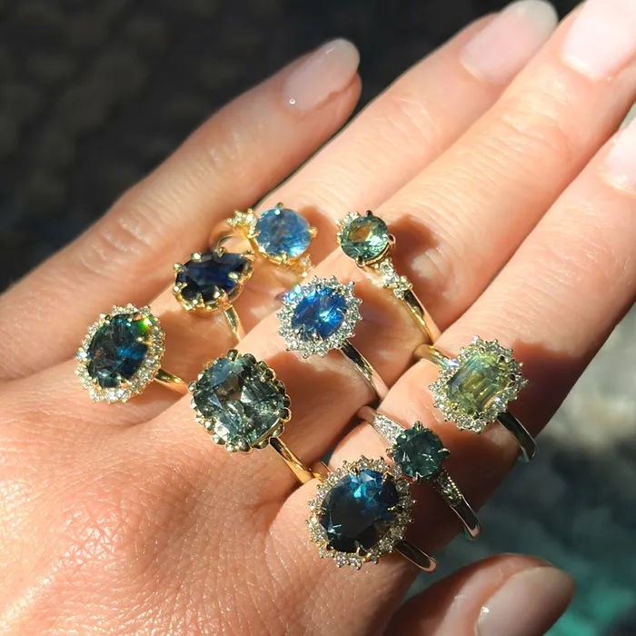 Brume 198ct Untreated Emerald Cut Parti Nigerian Sapphire AntiqueStyle Diamond Halo Ring in 14k Green Gold Rings