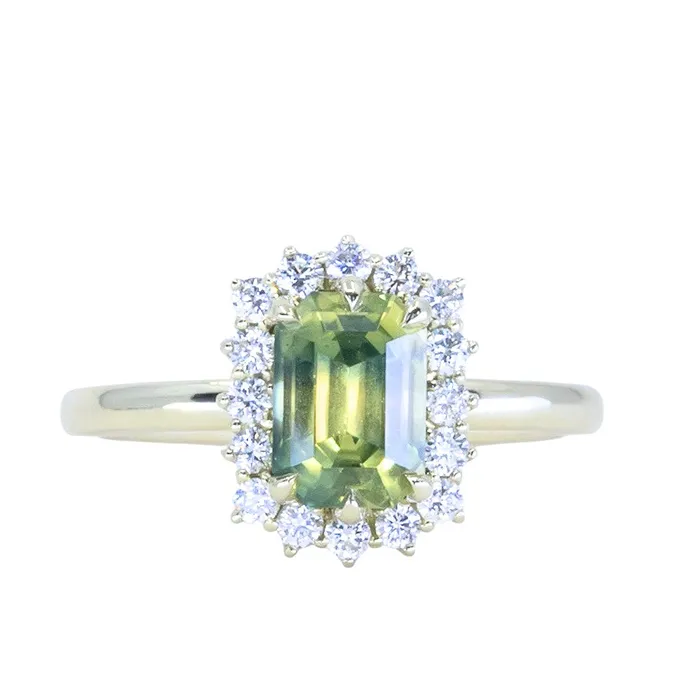Brume 198ct Untreated Emerald Cut Parti Nigerian Sapphire AntiqueStyle Diamond Halo Ring in 14k Green Gold Rings