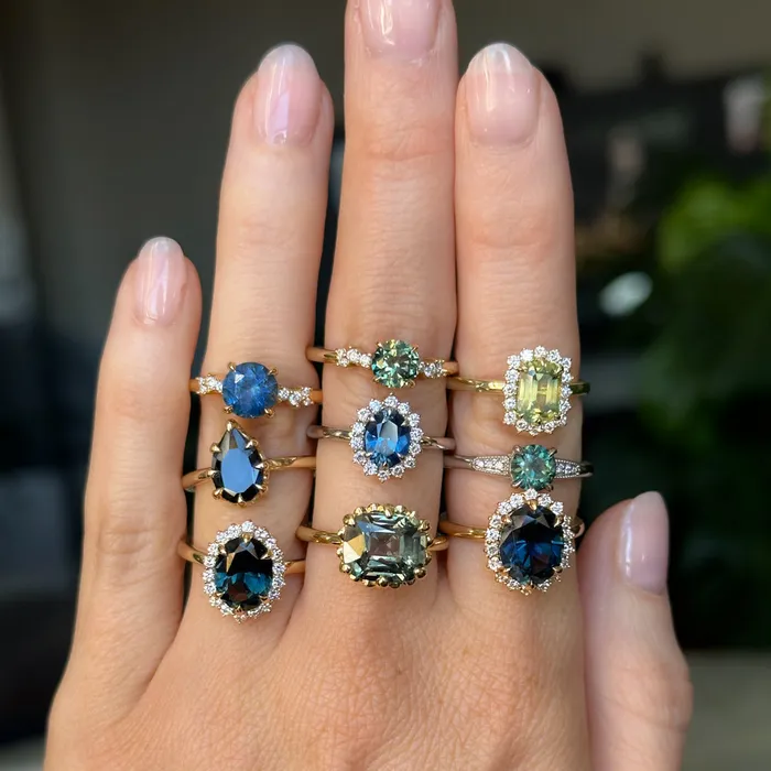 Brume 198ct Untreated Emerald Cut Parti Nigerian Sapphire AntiqueStyle Diamond Halo Ring in 14k Green Gold Rings