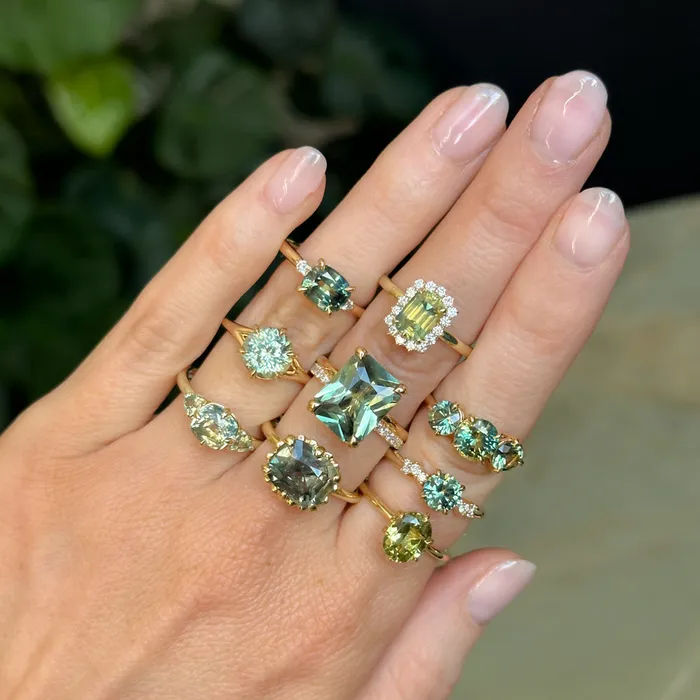 Brume 198ct Untreated Emerald Cut Parti Nigerian Sapphire AntiqueStyle Diamond Halo Ring in 14k Green Gold Rings