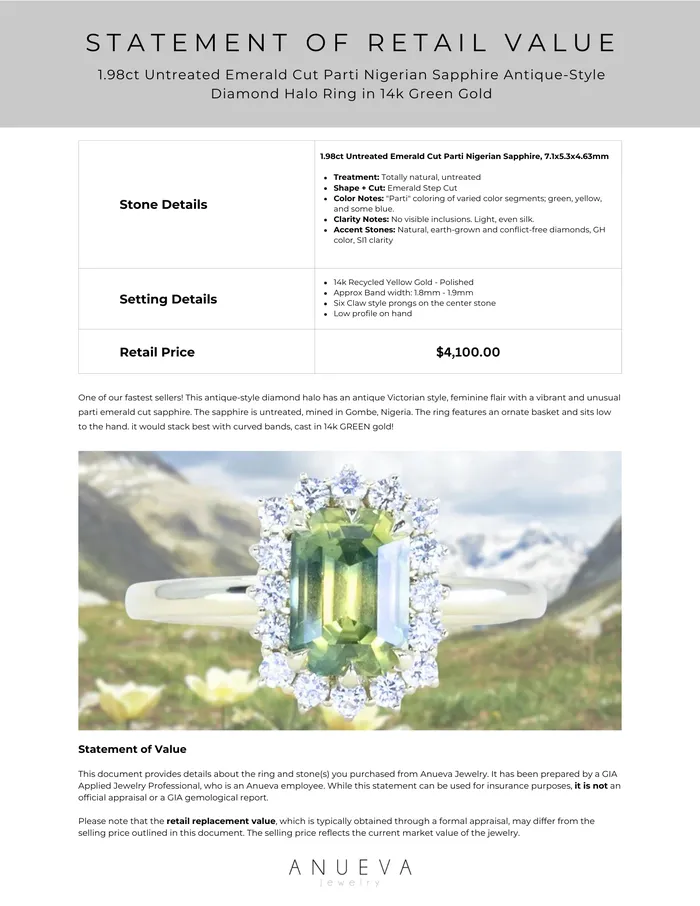 Brume 198ct Untreated Emerald Cut Parti Nigerian Sapphire AntiqueStyle Diamond Halo Ring in 14k Green Gold Rings