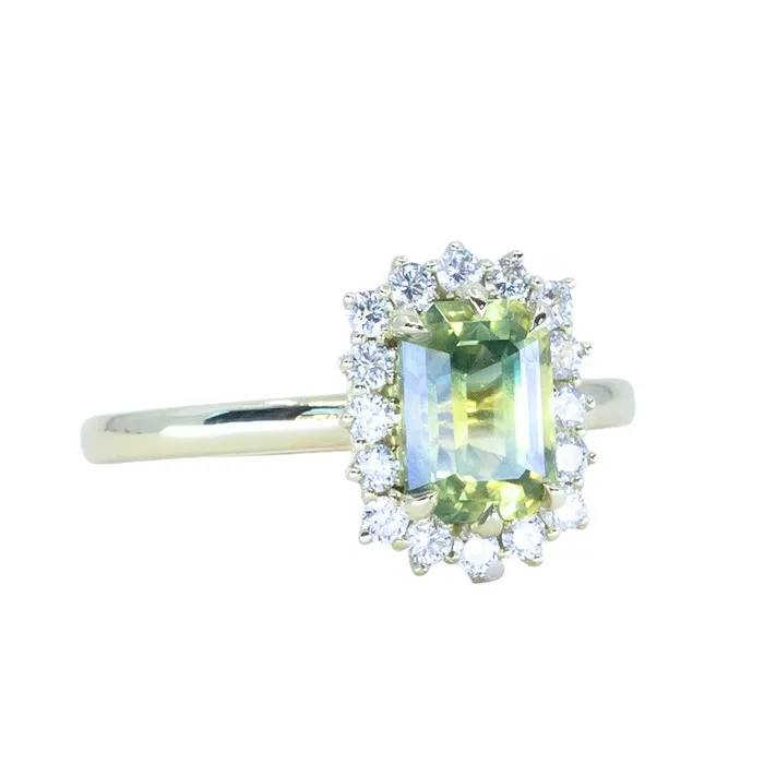 Brume 198ct Untreated Emerald Cut Parti Nigerian Sapphire AntiqueStyle Diamond Halo Ring in 14k Green Gold Rings