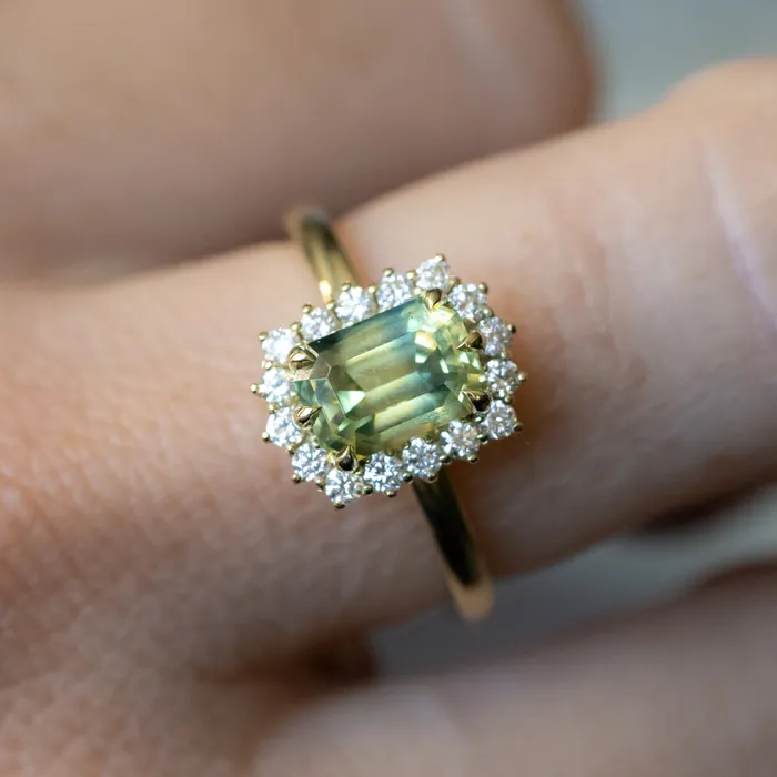 Brume 198ct Untreated Emerald Cut Parti Nigerian Sapphire AntiqueStyle Diamond Halo Ring in 14k Green Gold Rings