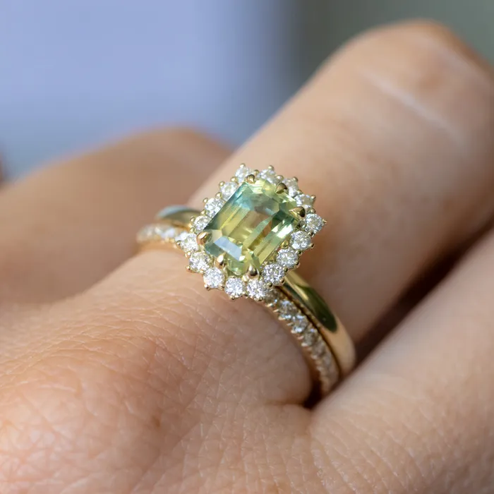 Brume 198ct Untreated Emerald Cut Parti Nigerian Sapphire AntiqueStyle Diamond Halo Ring in 14k Green Gold Rings