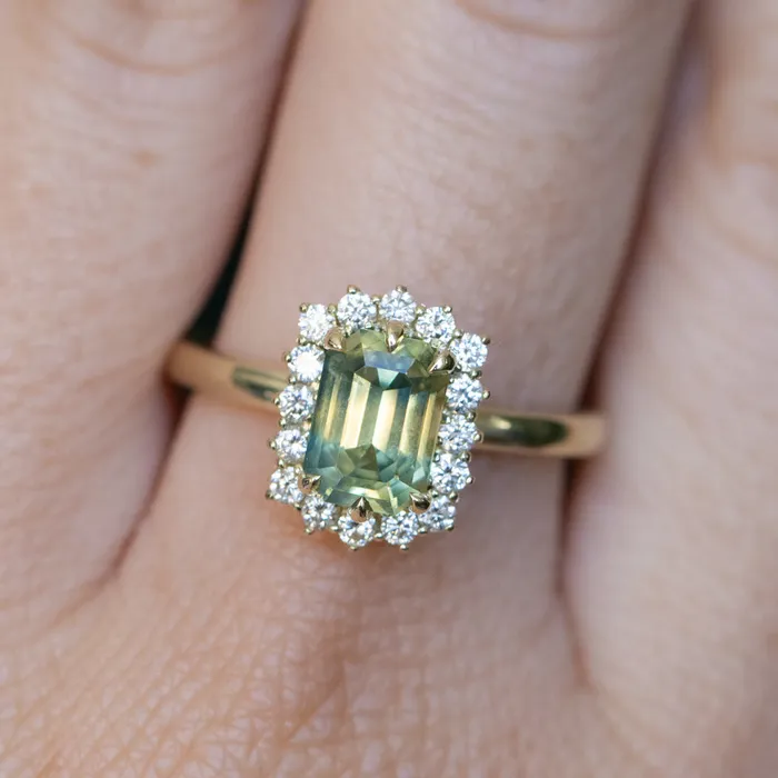 Brume 198ct Untreated Emerald Cut Parti Nigerian Sapphire AntiqueStyle Diamond Halo Ring in 14k Green Gold Rings