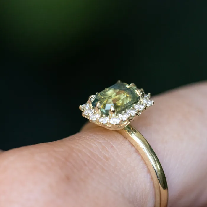 Brume 198ct Untreated Emerald Cut Parti Nigerian Sapphire AntiqueStyle Diamond Halo Ring in 14k Green Gold Rings