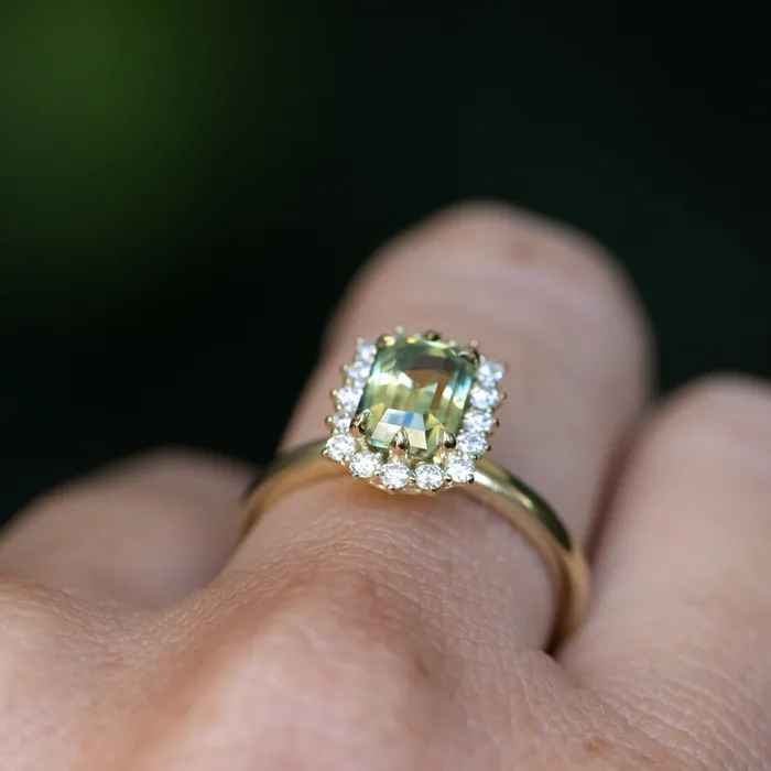 Brume 198ct Untreated Emerald Cut Parti Nigerian Sapphire AntiqueStyle Diamond Halo Ring in 14k Green Gold Rings