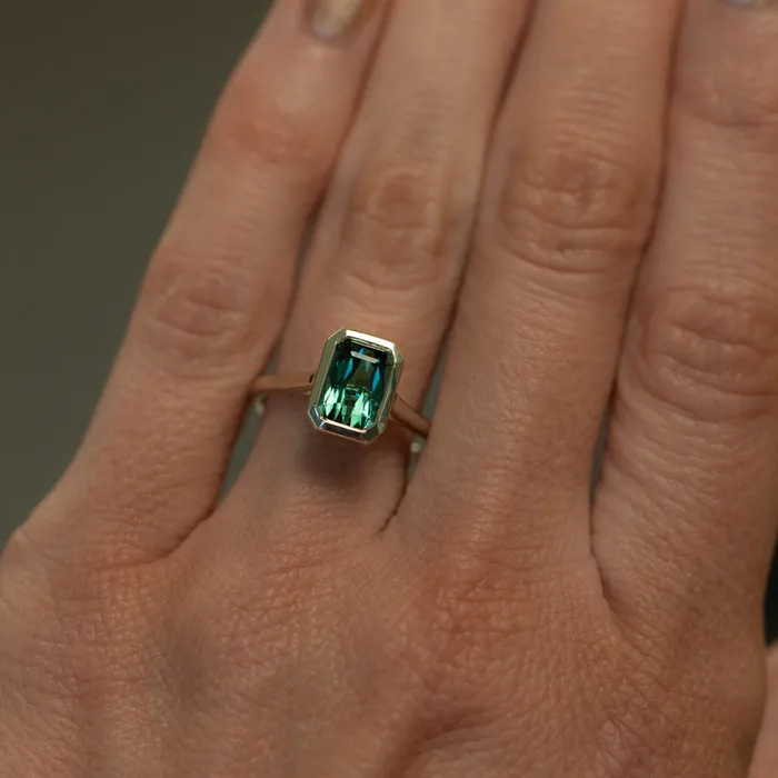 Discovery Gems Rings 184ct Radiant Scissor Cut Green Tourmaline Contemporary Bezel Set Ring in 14k Green Gold