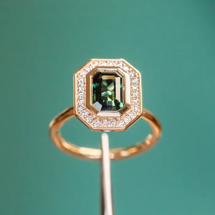 Earrings Anueva Jewelry 205ct Emerald cut Sapphire With Bezel Set Diamond Halo In 14k Yellow Gold