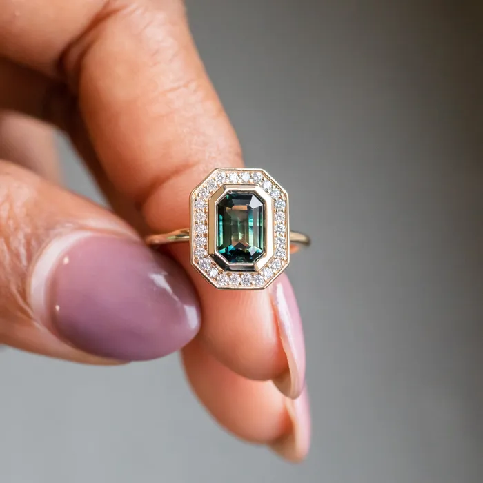 Earrings Anueva Jewelry 205ct Emerald cut Sapphire With Bezel Set Diamond Halo In 14k Yellow Gold