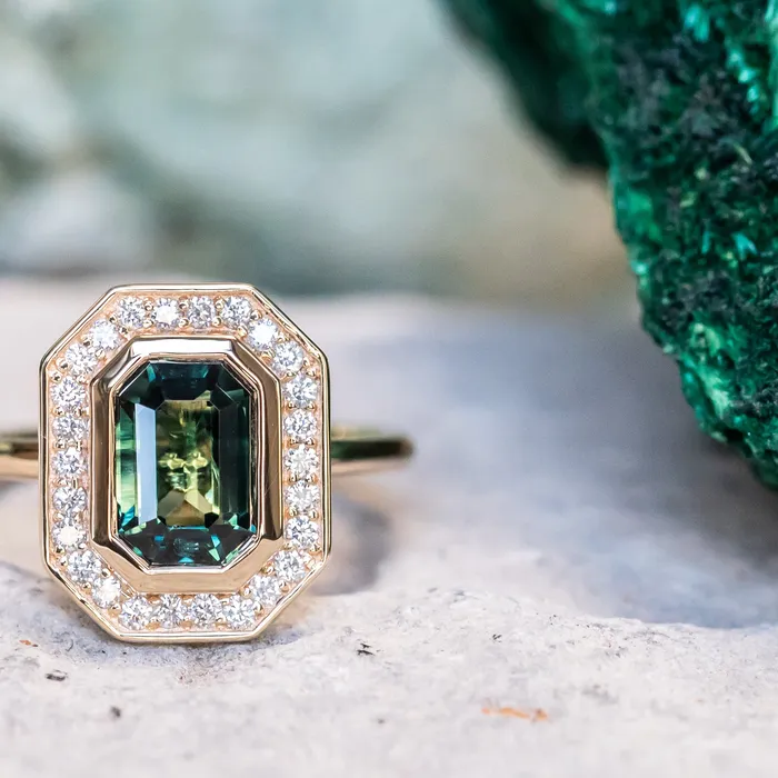 Earrings Anueva Jewelry 205ct Emerald cut Sapphire With Bezel Set Diamond Halo In 14k Yellow Gold