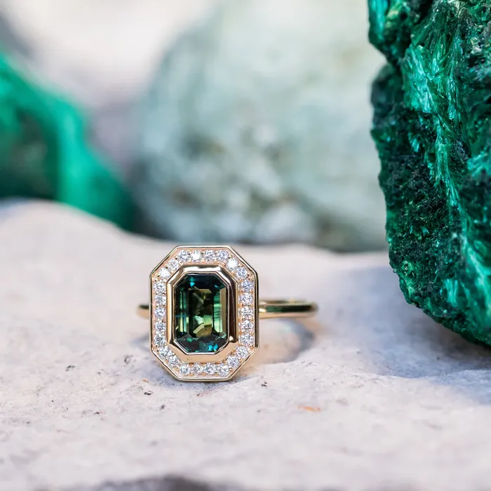 Earrings Anueva Jewelry 205ct Emerald cut Sapphire With Bezel Set Diamond Halo In 14k Yellow Gold