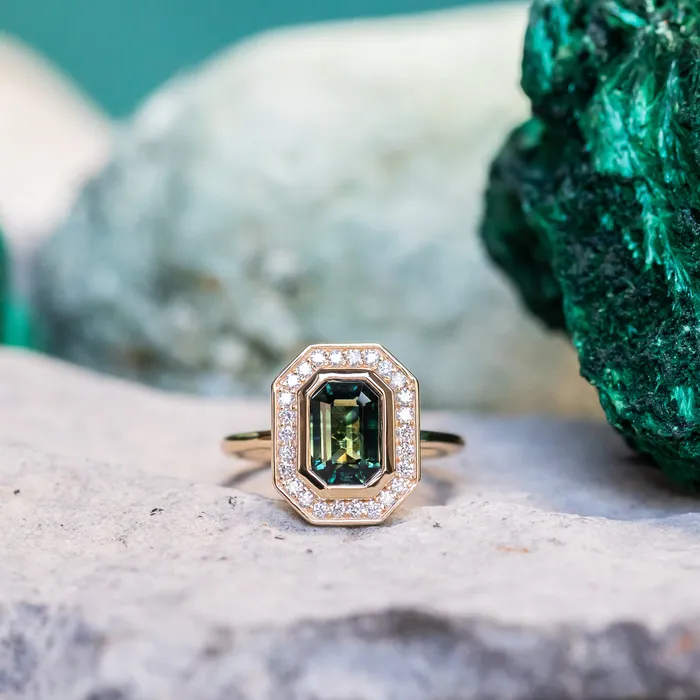 Earrings Anueva Jewelry 205ct Emerald cut Sapphire With Bezel Set Diamond Halo In 14k Yellow Gold